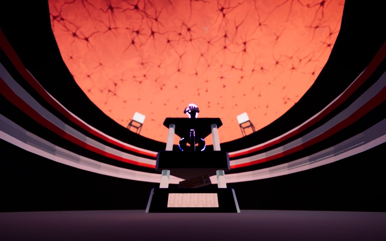 Beeld uit de game Mindform met een figuur op een platform onder een neuronaal landschap